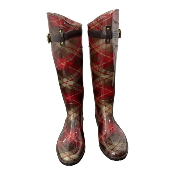 Lauren Ralph Lauren Rossalyn II Plaid Rain Boots Red Brown Tartan Check Size 9B - Picture 1 of 6